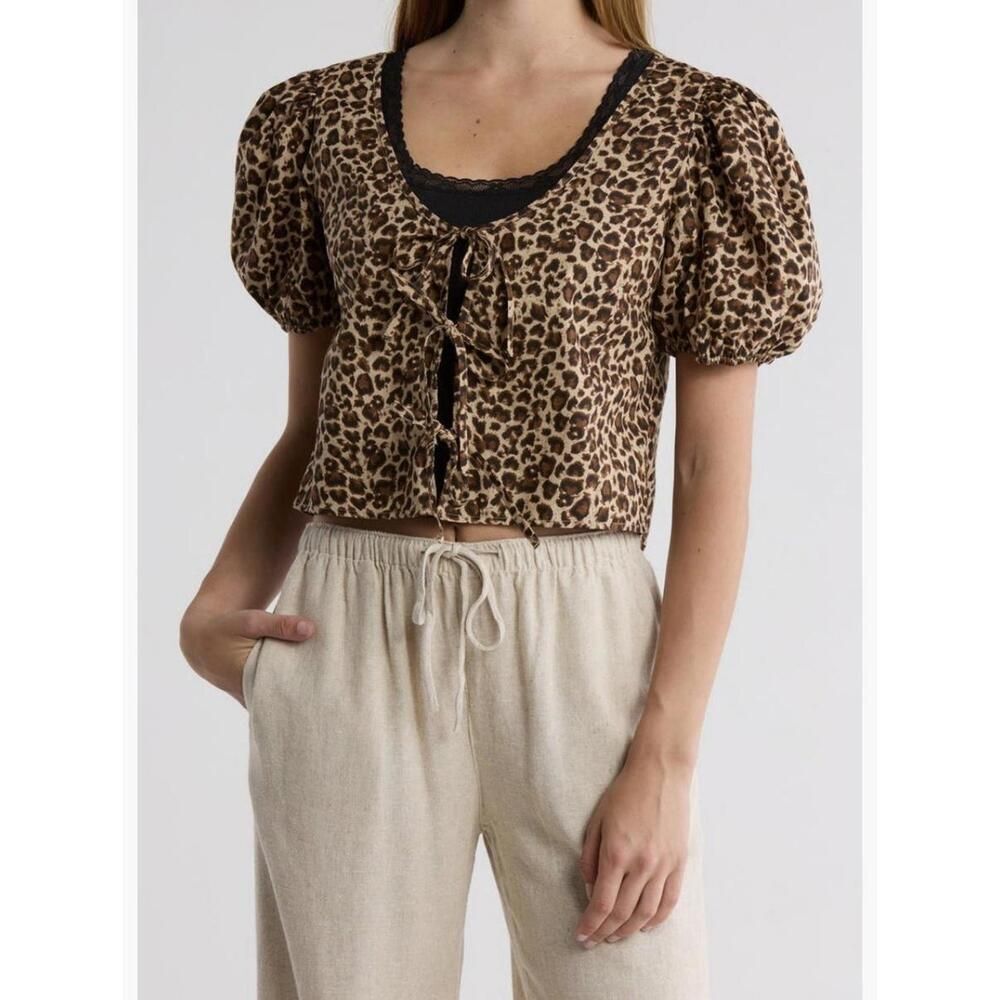 Abound NWT Tie Front Cotton Poplin Animal Print Cheetah Crop Top M